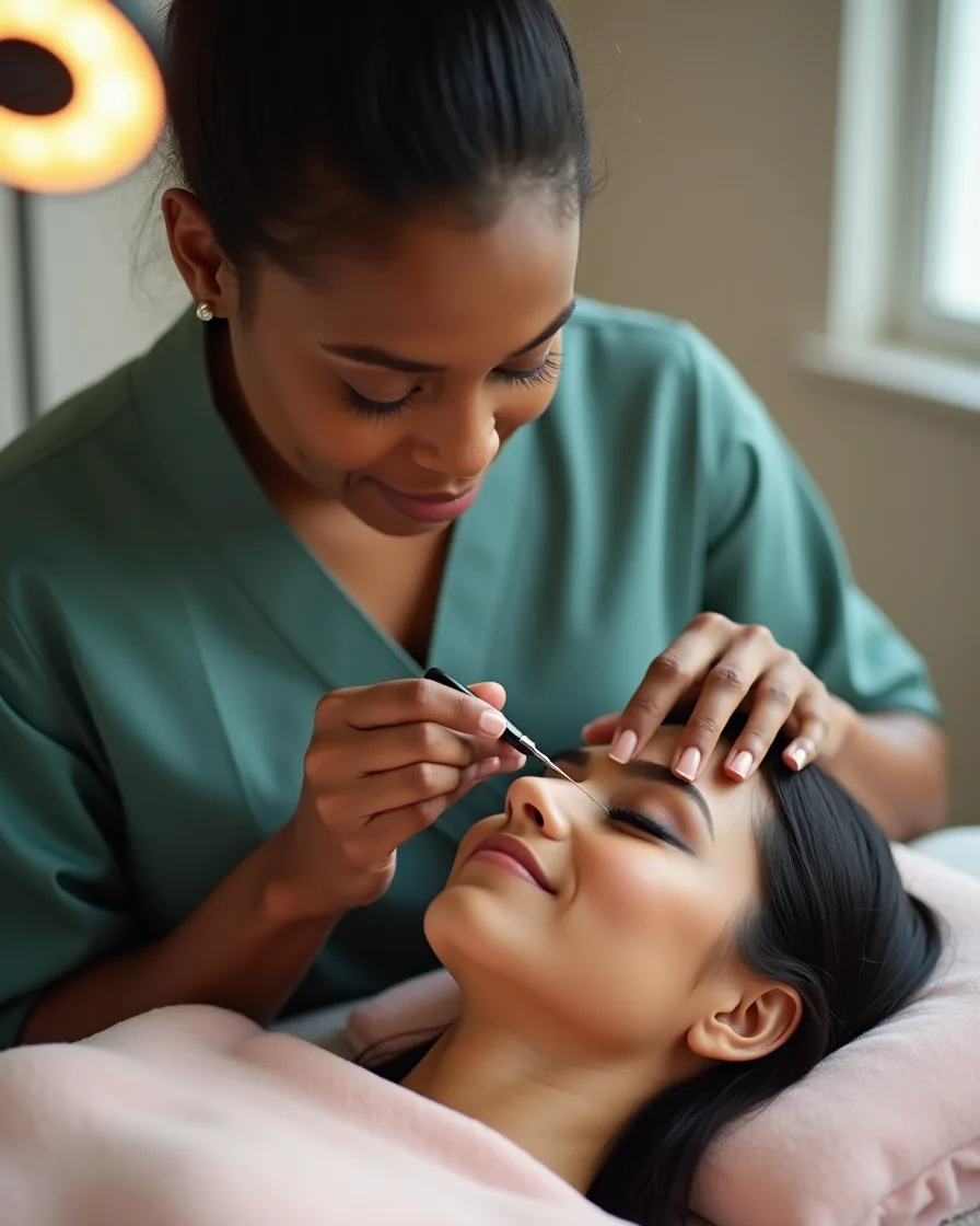 Lash artist applying eyelash extensions to a relaxed client