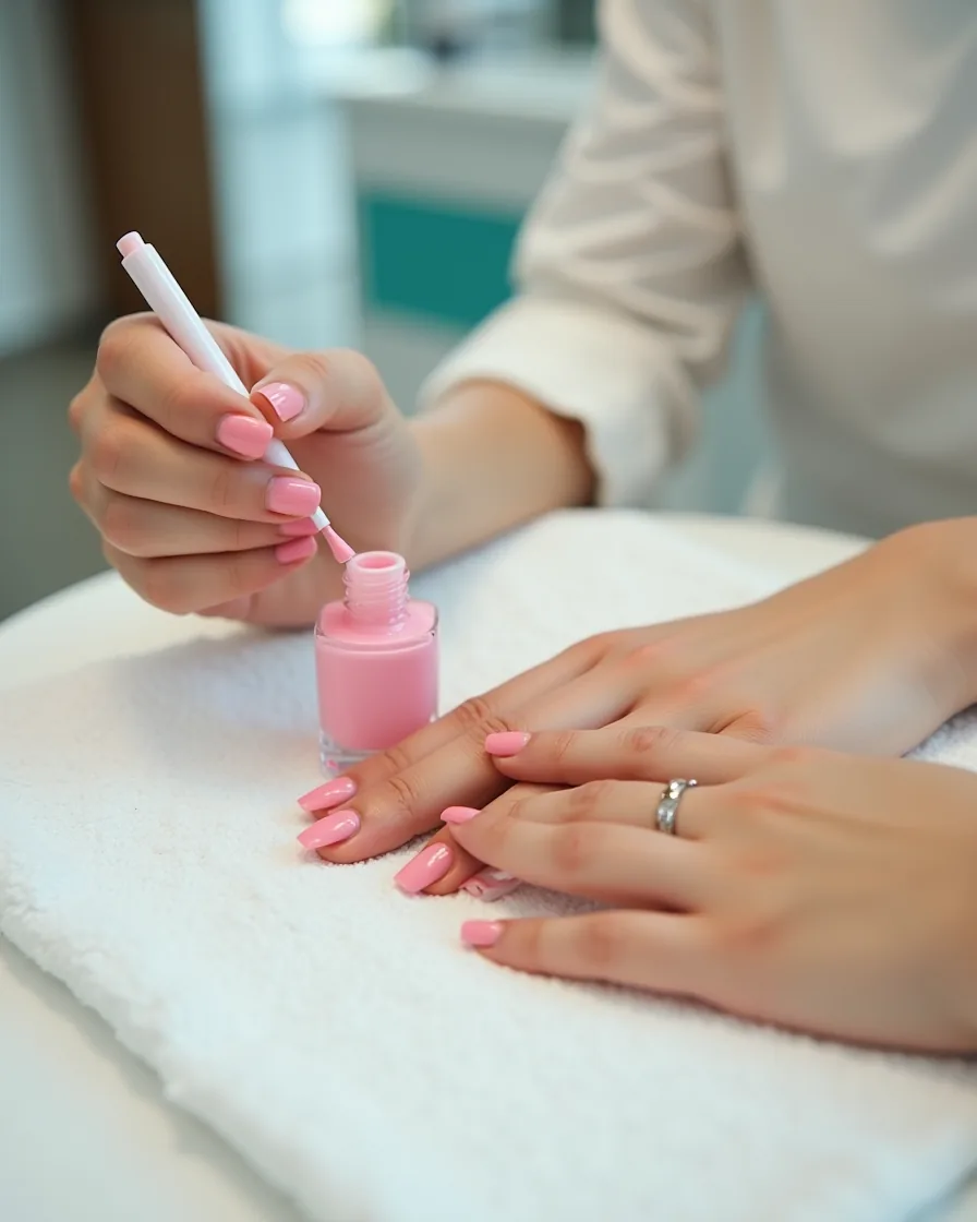 Nail technician painting a client's nails blush pink