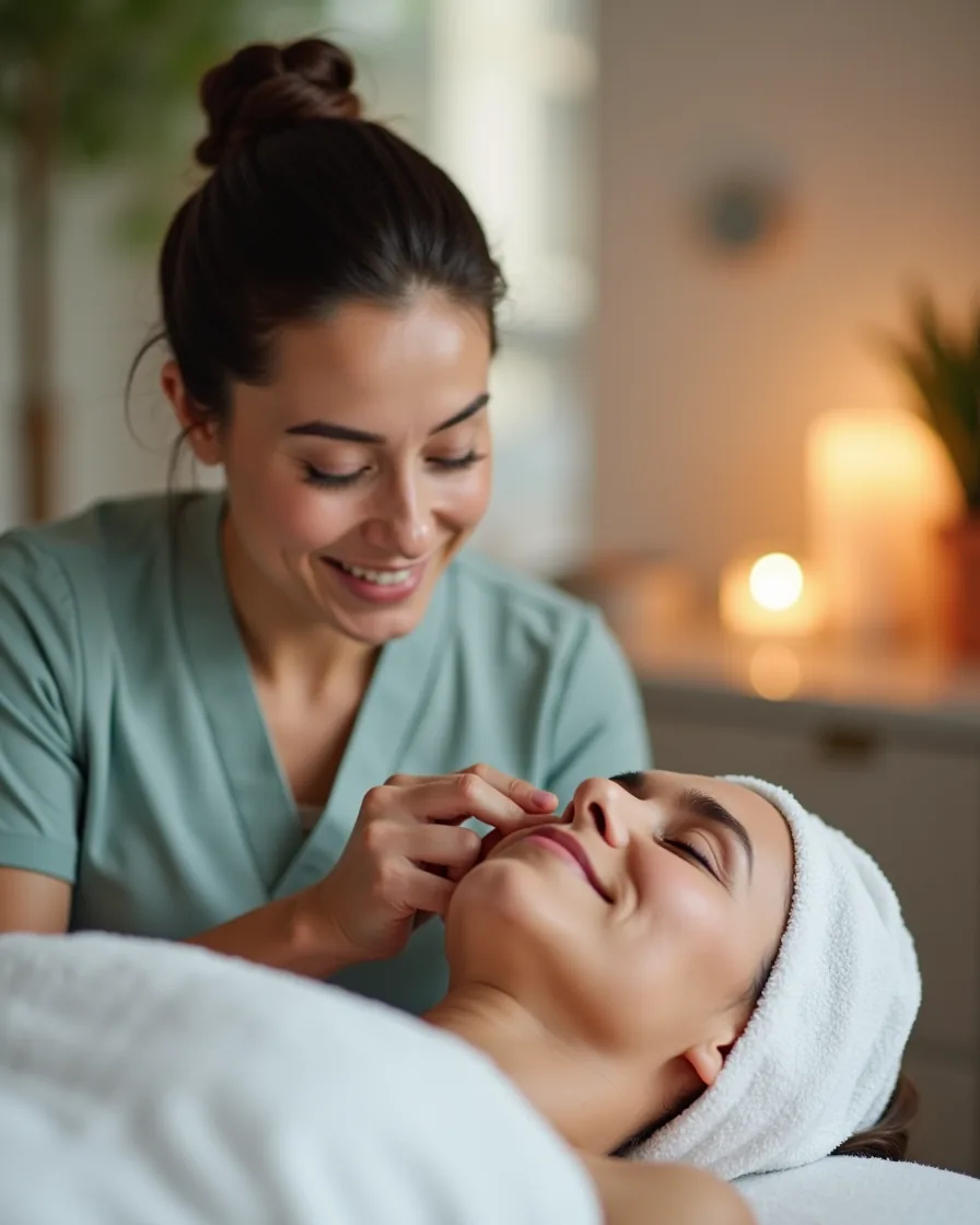 Esthetician giving a relaxed client a facial