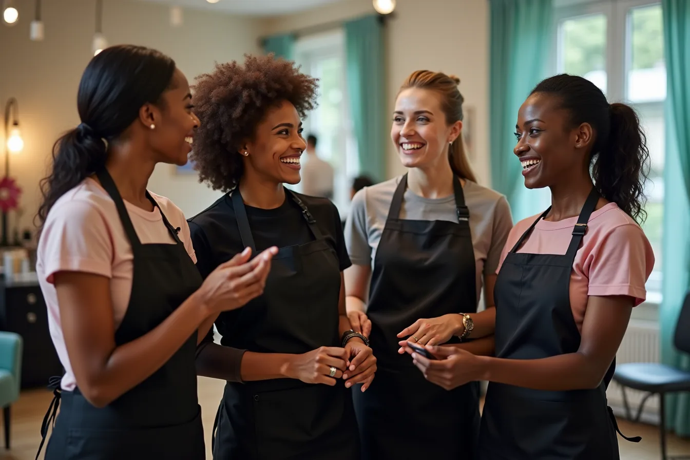 A salon team laughing together before opening