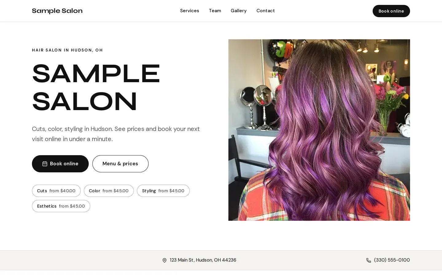 The Sample Salon online booking page