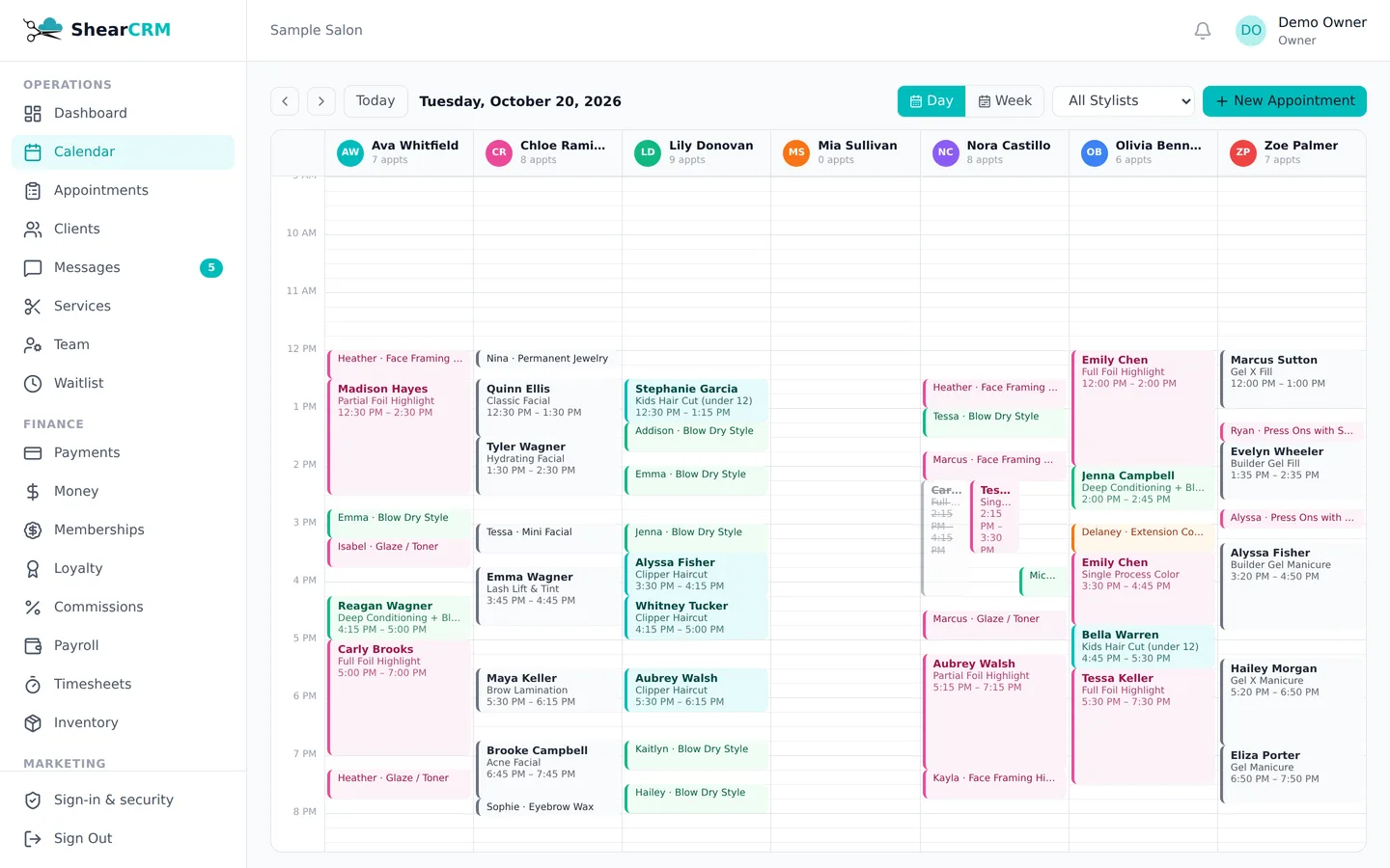 The ShearCRM calendar with several barbers
