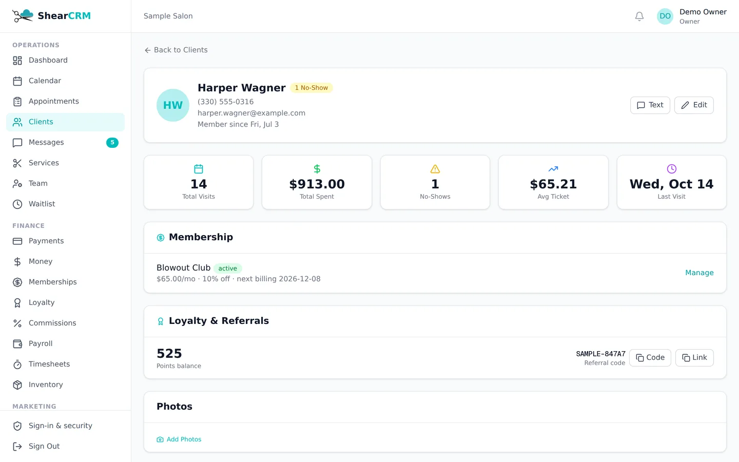 A ShearCRM client profile with notes and visit history