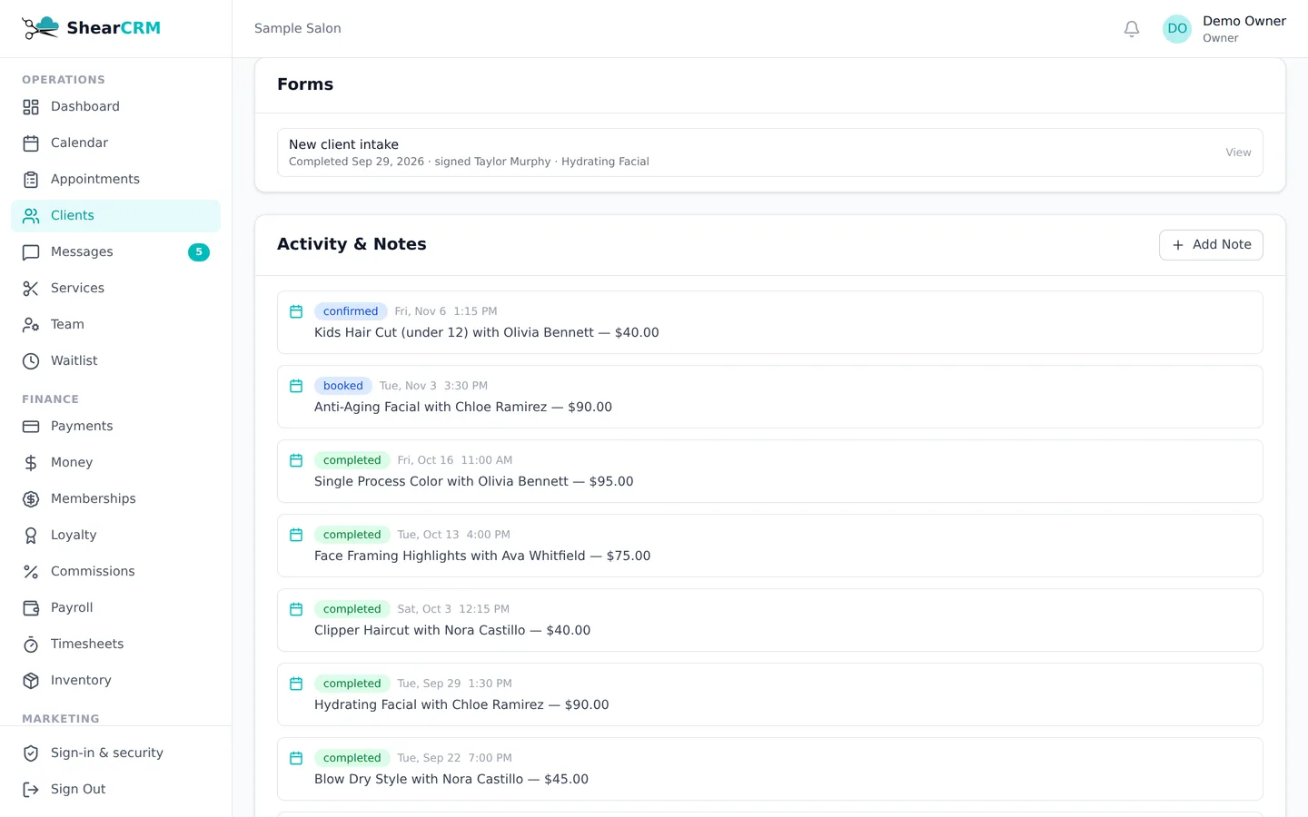 Signed intake and consent forms in ShearCRM