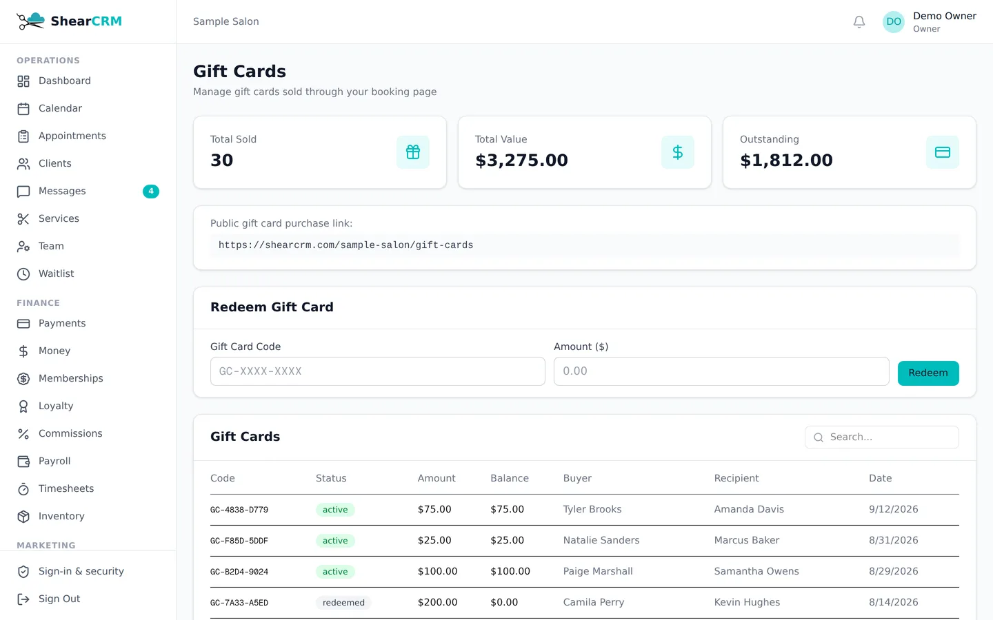 Gift cards in ShearCRM