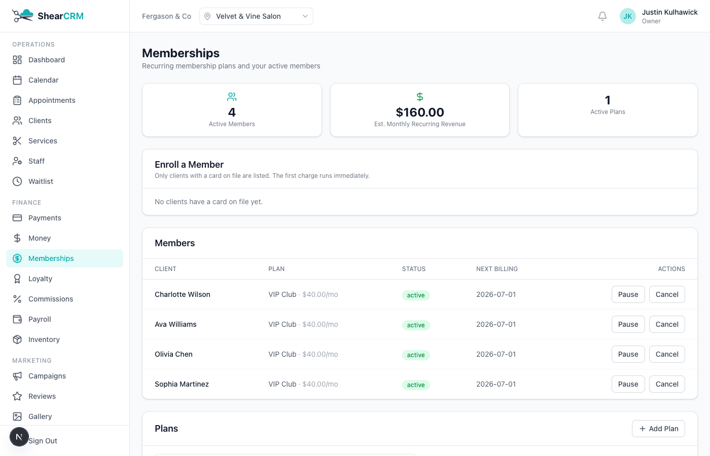 Memberships & Packages screenshot