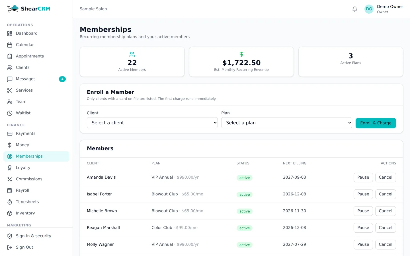Membership plans in ShearCRM