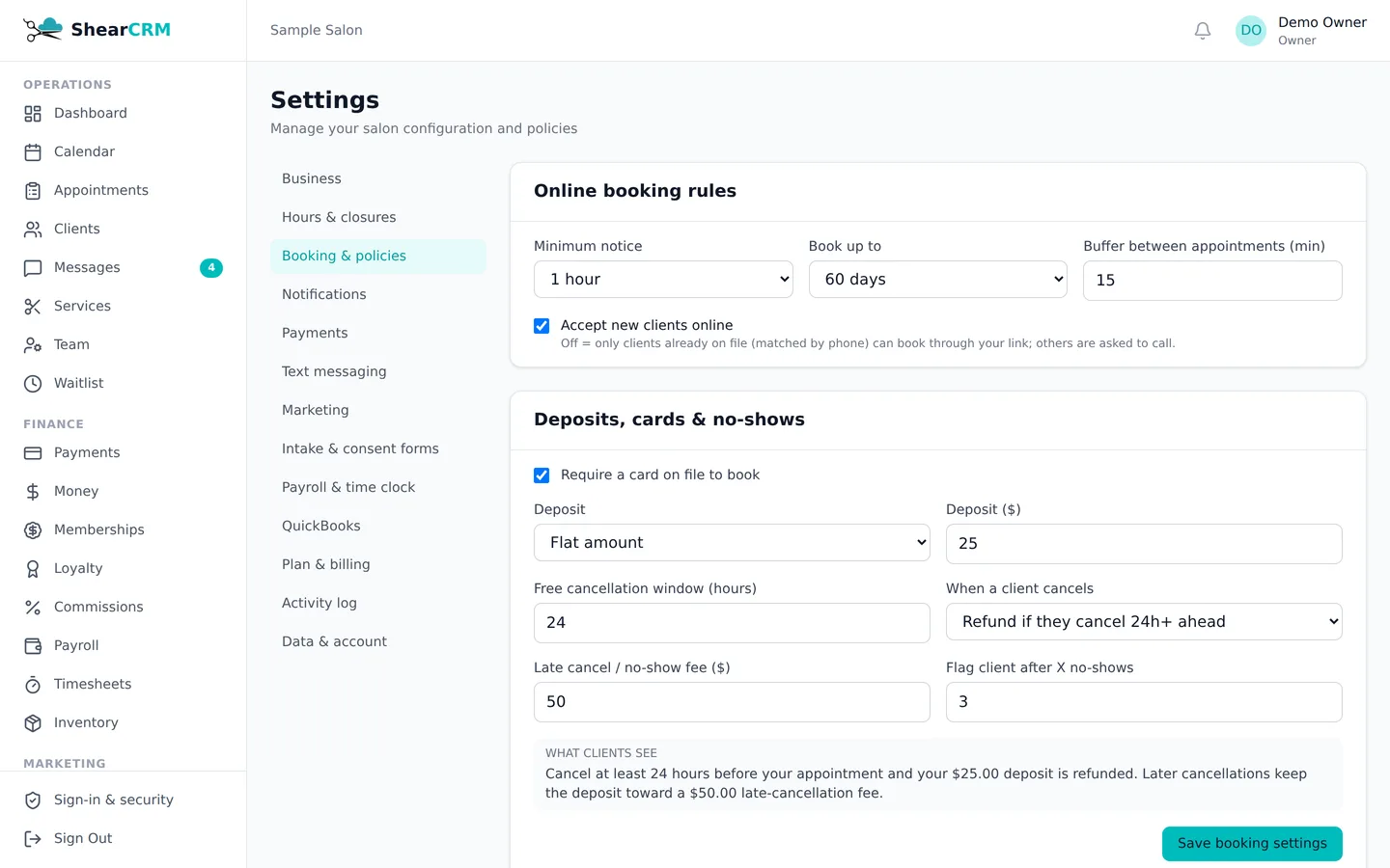 No-show protection settings in ShearCRM