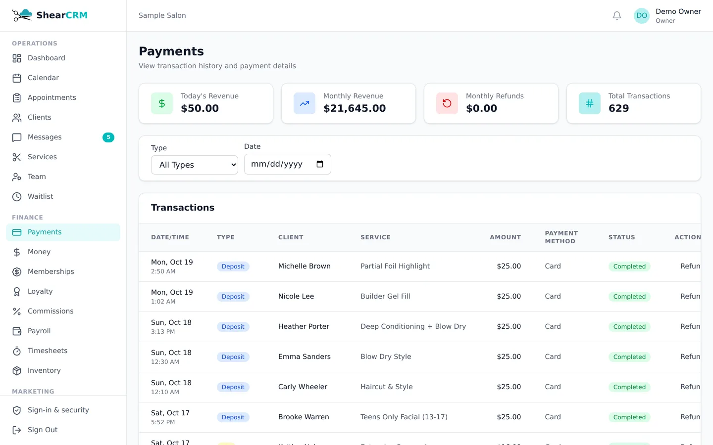 The day's payments in ShearCRM