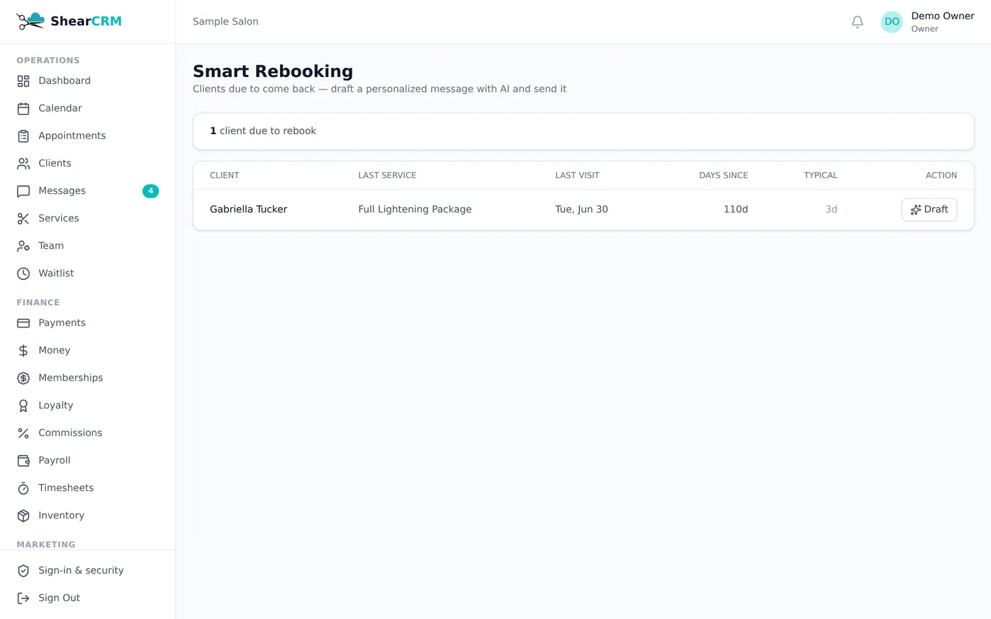 Smart rebooking suggestions in ShearCRM