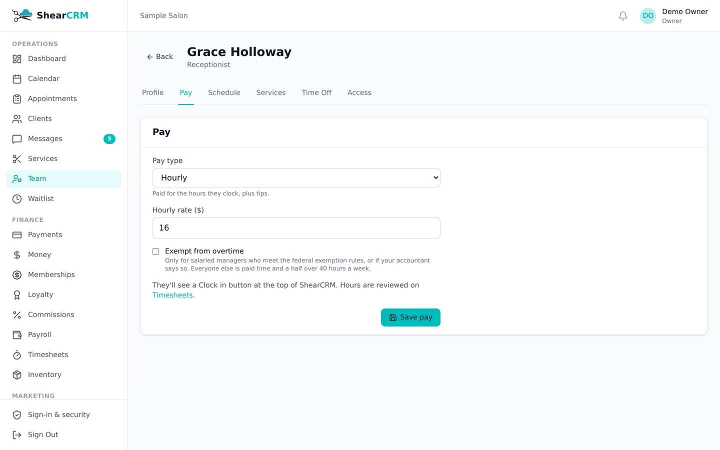 Staff pay settings in ShearCRM