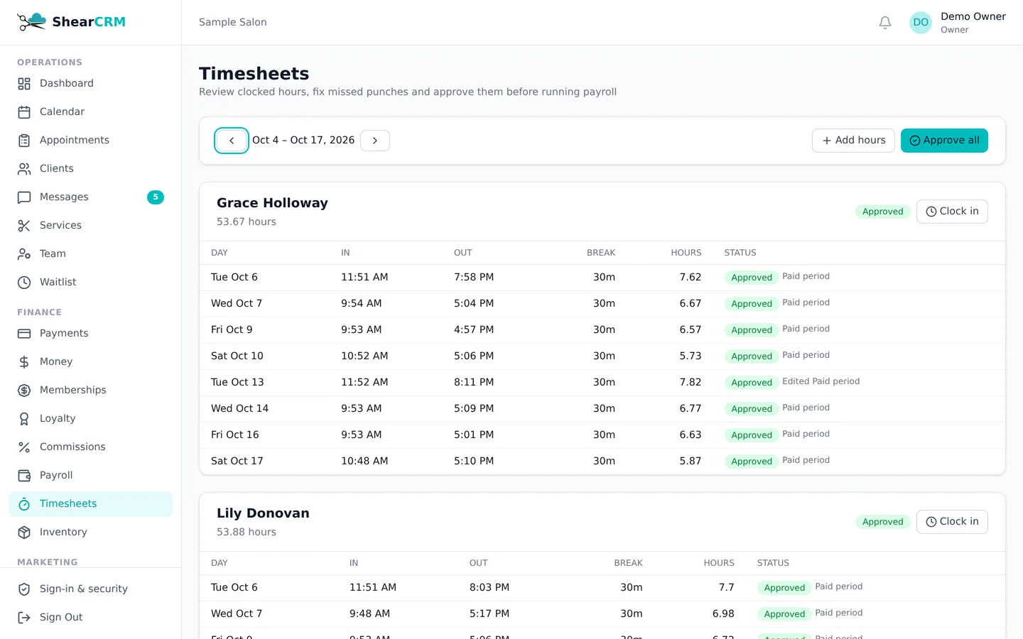 Weekly timesheets for hourly staff in ShearCRM