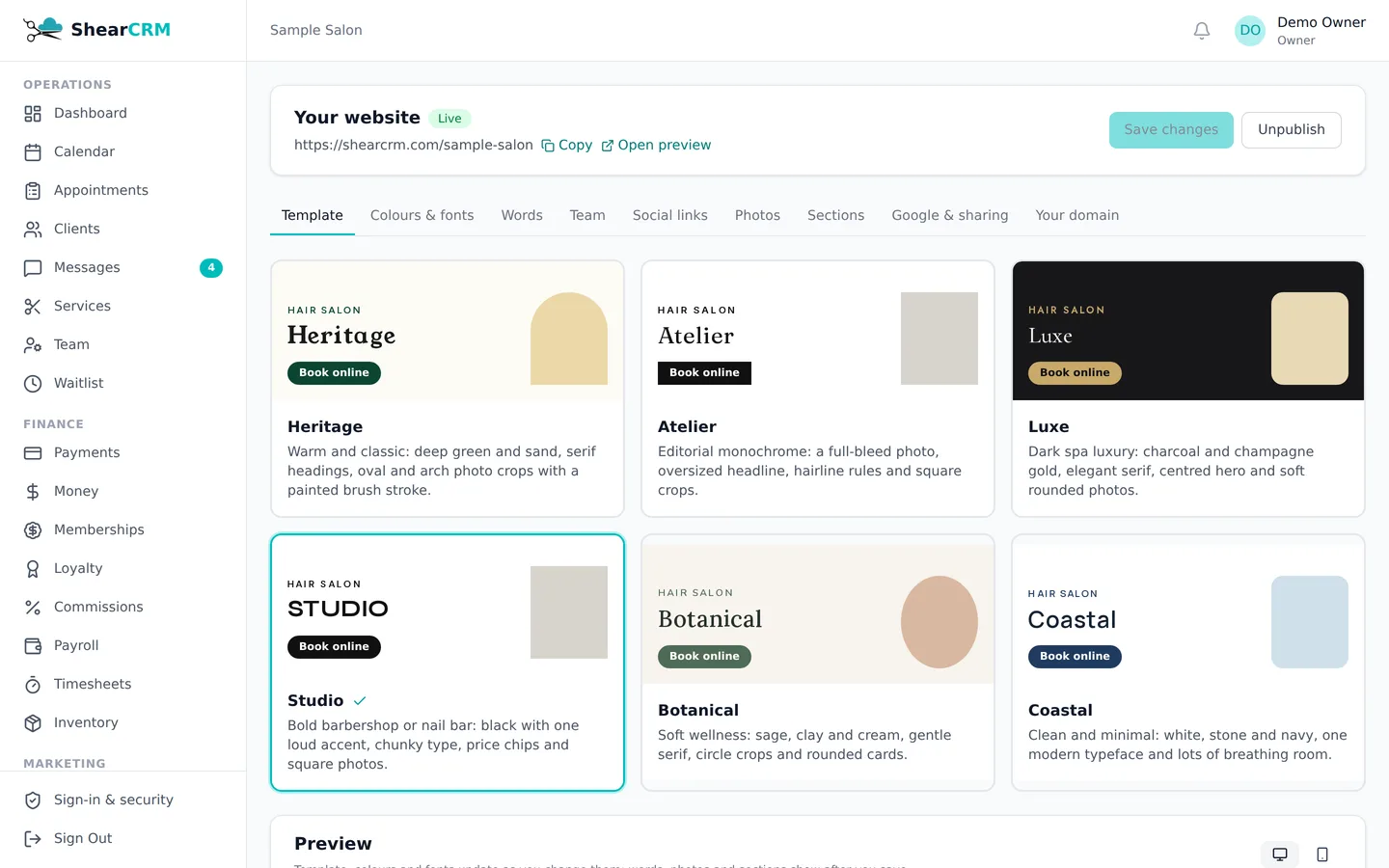 The ShearCRM website editor